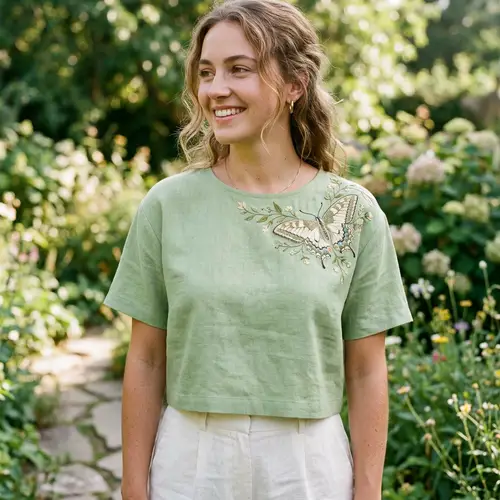 Fashionable Pistachio Crop Top with Butterfly Design
