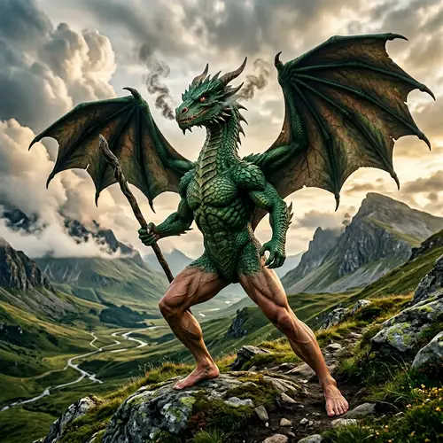 Dragon with Human Legs - Surreal Chimera in Fantasy Landscape