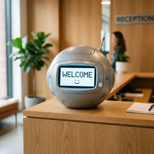 Grey Robot Head Mascot with Welcome Message