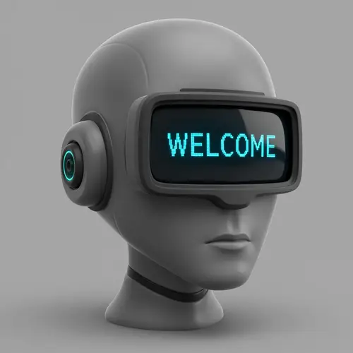 Grey Robot Head Mascot with Welcome Message