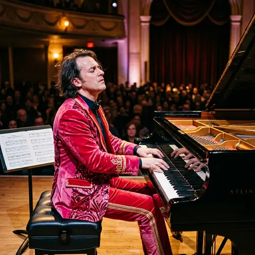 Dynamic Pianist in Stylish Pink & Red Suit