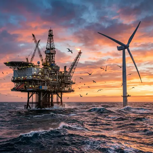 Offshore Oil Drill Platform and Wind Turbine at Sea