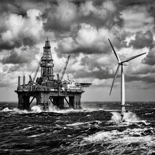 Sea Oil Drilling Platform with Wind Turbine | High Contrast Scene