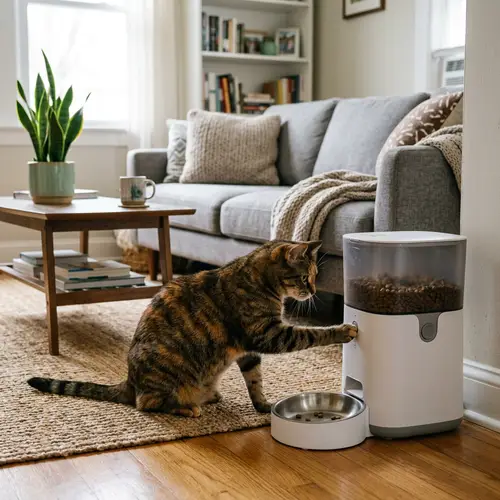 Cat Interacting with Pet Feeder in Living Room