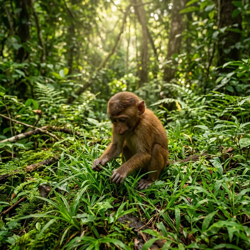 Monkey Touching Grass in South Asian Forest