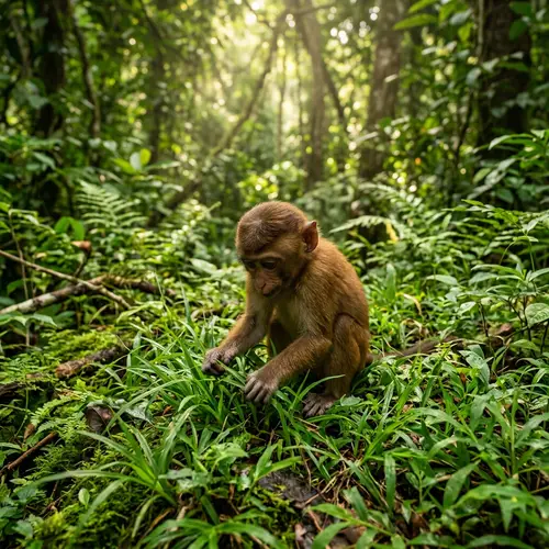 South Asian Monkey Running Hands Through Vibrant Grass in Forest