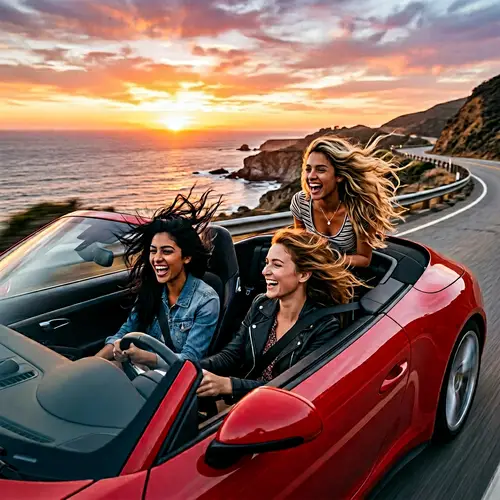 Diverse Girls Driving in Sports Car at Sunset