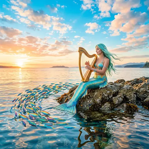 Serenading Mermaid with Aquamarine Hair and Rainbow-colored Fish