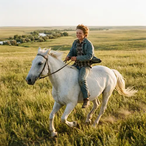 14-Year-Old Boy Riding Majestic White Horse in the Steppe