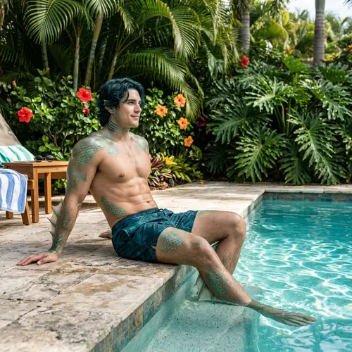 Male Fish Demi-Human by Pool | Unique Scales and Fins Details