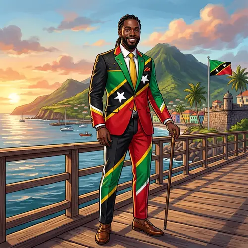 Dark-Skinned Man in Saint Kitts and Nevis Flag-Inspired Outfit