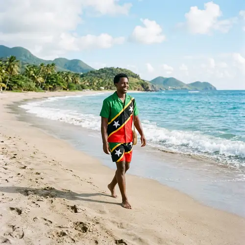 Black Man Wearing Kittitian Flag Outfit on Sandy Beach