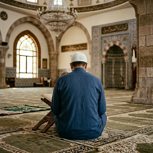 Person Reading Quran in Mosque - Back View