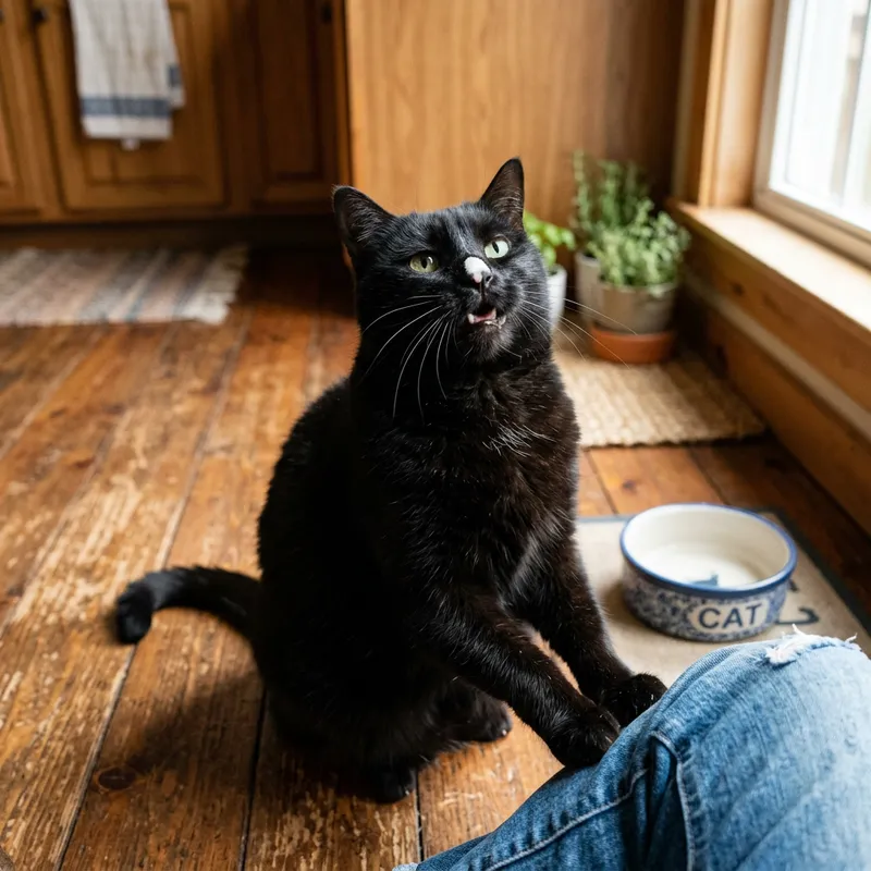 Cute Black Cat with White Spot Purring and Asking for Food Cute Black Cat with White Spot Purring and Asking for Food
