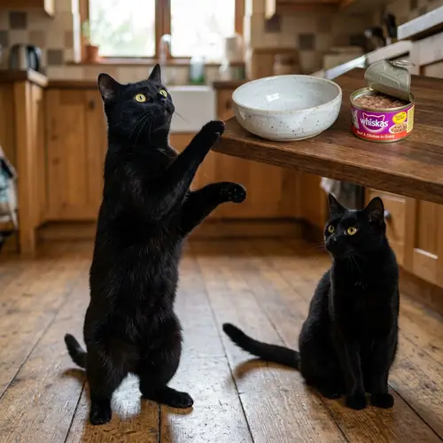 Two Black Cats Begging for Food | Eager Felines Await a Meal