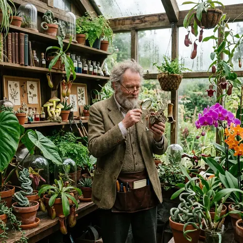 Dexter in Botanical Laboratory with Diverse Plants