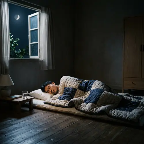 Tranquil Asian Man Sleeping in Dimly Lit Room at Night