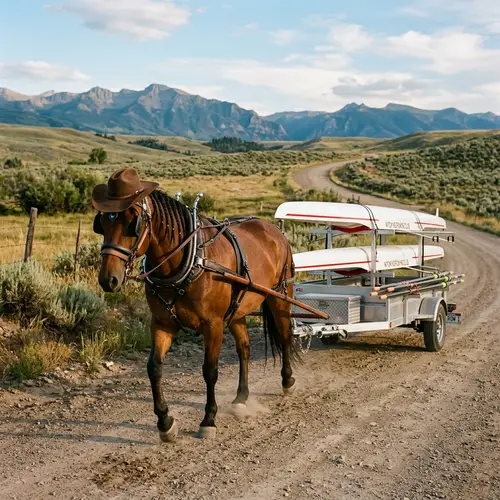 Horse in Cowboy Hat Towing Rowing Trailer