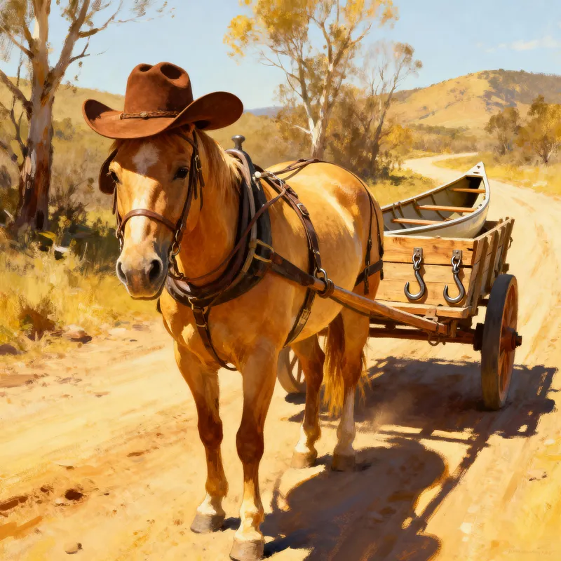 Horse in Cowboy Hat Towing Rowing Trailer