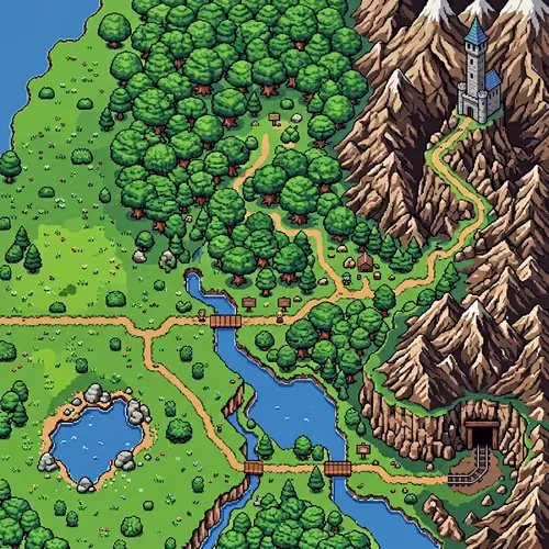 64 Bit Pixelated Adventure Map: Plain, Forest, Mountains, Castle, Mine