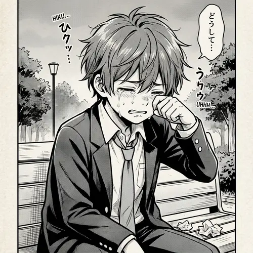 Manga Boy Crying with Brown Hair - Emotional Art