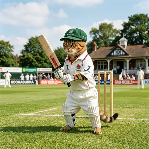 Sporty Cat in Cricket Attire Ready to Play | Unique Content