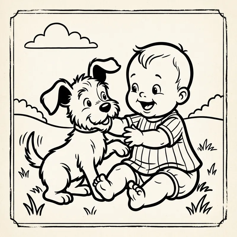 Vintage Black & White Kids Coloring Model Sheet - Joyful Baby and Playful Dog