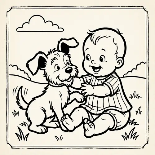 Vintage Black & White Kids Coloring Model Sheet - Joyful Baby & Dog
