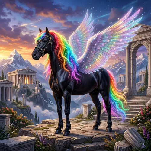 Black Horse with Rainbow Mane at Mount Olympus
