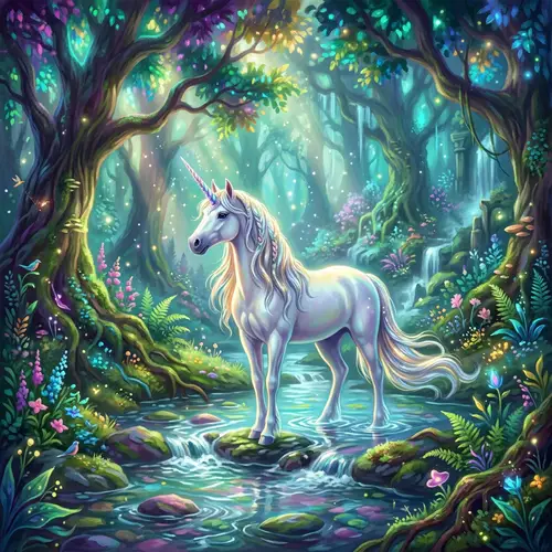 Mystical Forest with Unicorn | Vibrant Digital Painting