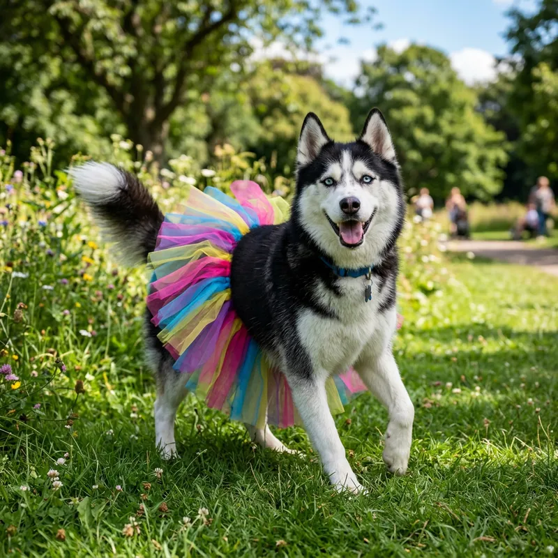 Adorable Husky in Colorful Tutu - Playful Pup