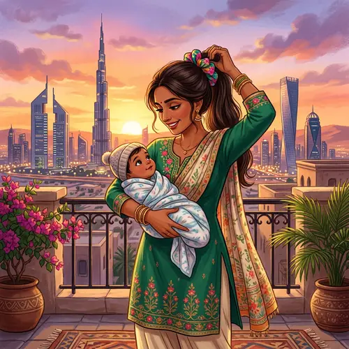 South Asian Woman Tying Hair with Baby in Dubai