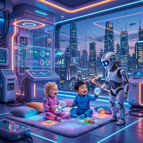 Future Kids: Asian Baby Boy & Caucasian Baby Girl in High-Tech Environment