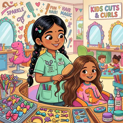 South Asian Girl Cartoon Hairstylist | Kid-Friendly Salon