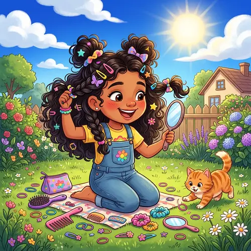 Hispanic Girl Cartoon: Hairstyle Fun with Kitten on Sunny Lawn