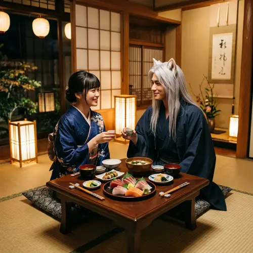 Romantic Dinner with Female Character with Bangs and Male Character with Cat Ears