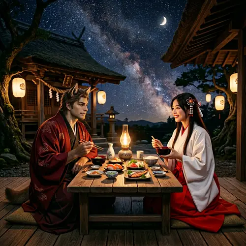 Romantic Dinner of Kikyo and Inuyasha under Starry Night Sky