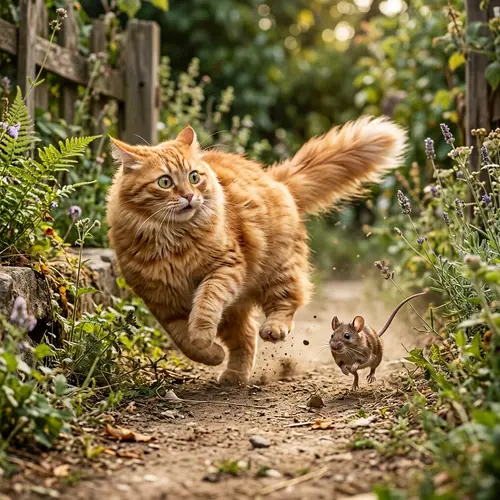 Eccentric Animal Kingdom Scene: Cat Running from Mouse