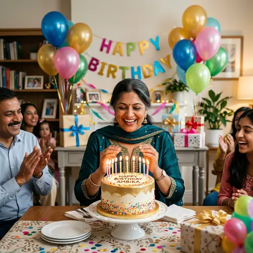 Birthday Celebration with South Asian Middle-Aged Woman