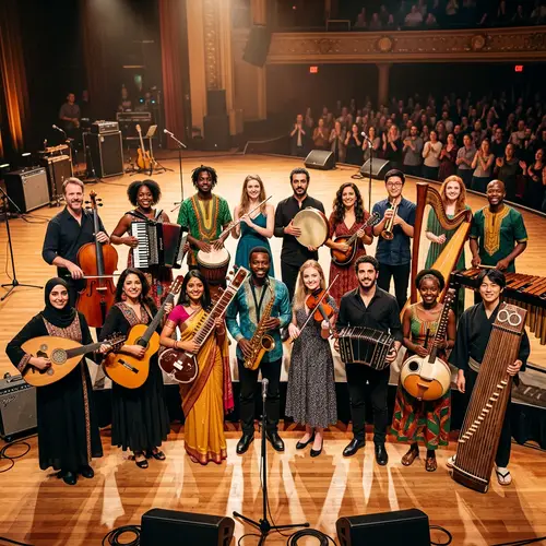 Diverse Musical Group of Seventeen Members with Unique Instruments