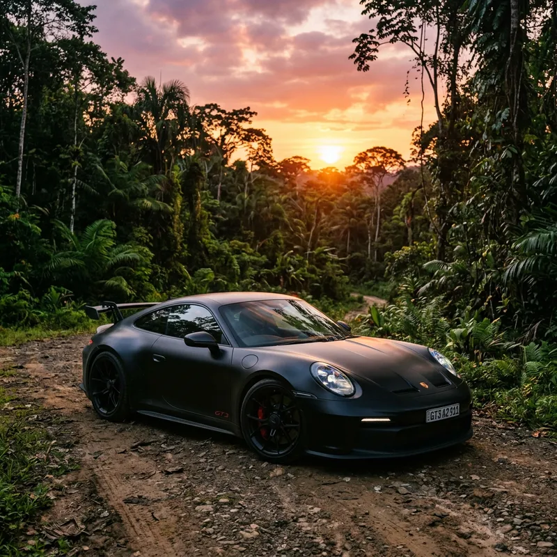 Matte Black Porsche 911 GT3 in Sunset Amazon Forest