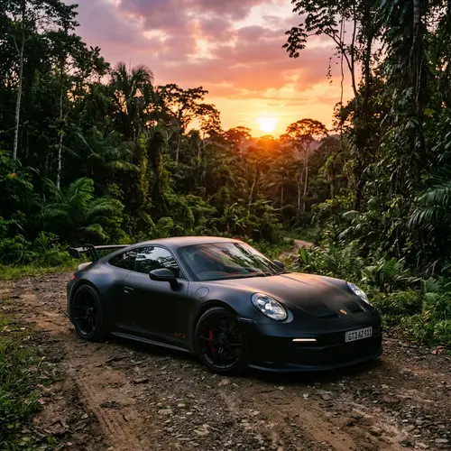 Matte Black Porsche 911 GT3 Parked in Amazon Forest | Sunset Scene