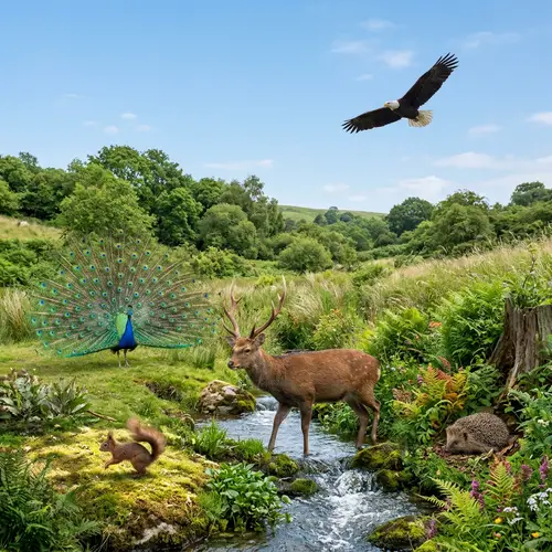 Diverse Wildlife Among Lush Green Plants - Serene Nature Scene