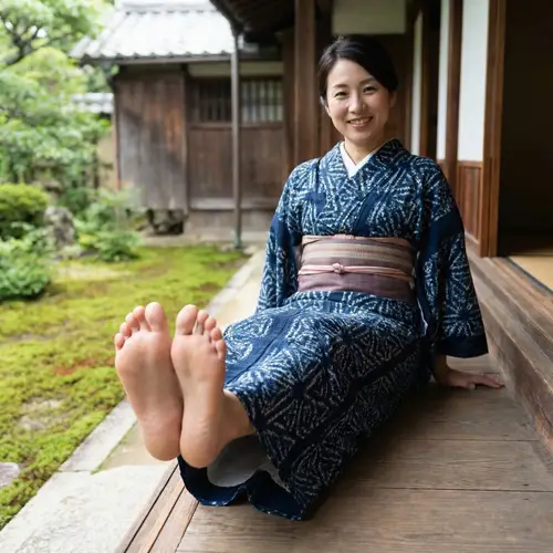 Japanese Woman in Kimono Displaying Bare Feet