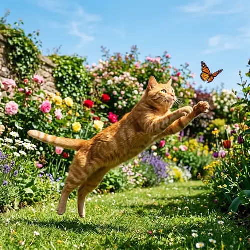 Playful Domestic Cat Chasing Colorful Butterfly in Sunlit Garden