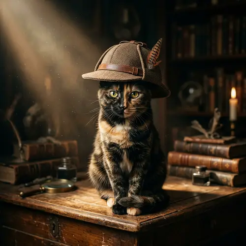 Mysterious Cat with Detective Hat | Enigmatic Persona