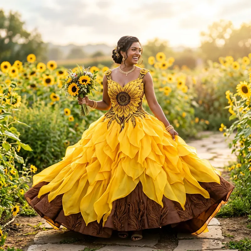 Sunflower Petals Long Gown - Floral Elegance & Grace