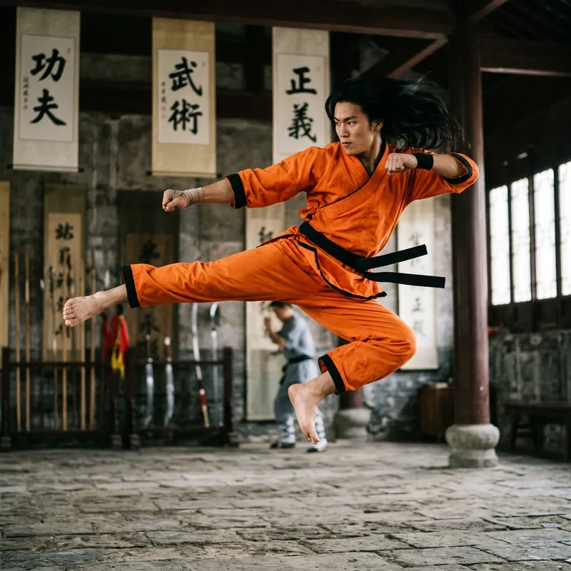 Kung Fu Male Hero in Orange Uniform