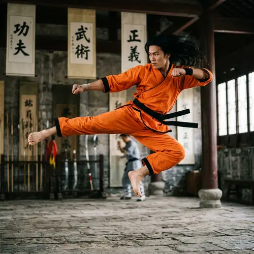 Kung Fu Male Hero in Orange Uniform
