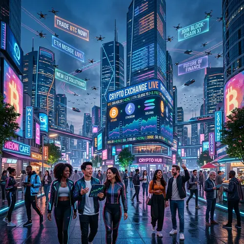 Futuristic Cityscape with Real-Time Cryptocurrency Exchange Rates
